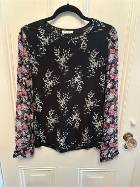 Equipment Black Floral Long-Sleeve Silk Blouse